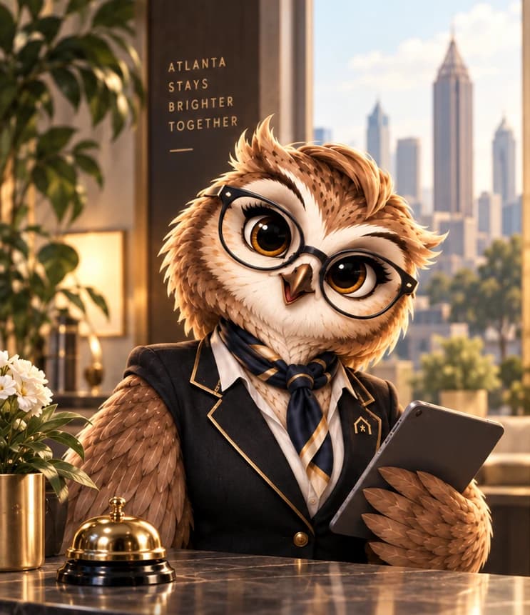 Bina in a suit at an Atlanta reception desk, with the skyline beyond the window